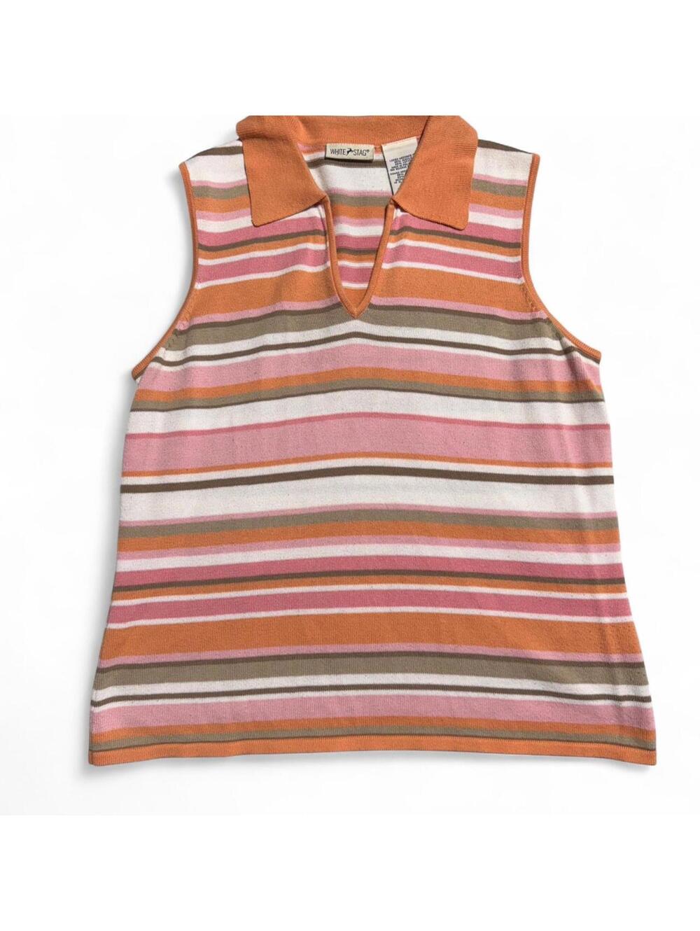 Women's Vintage Striped White Stag Collared Poli Knit Tank Top, Size Medium